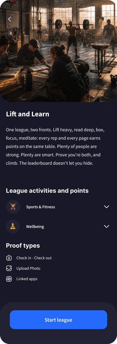 Muscles and Mind league page with live standings